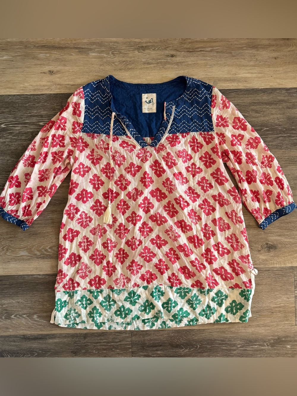 Anthropologie Navy Blue and Coral Floral Cotton Tunic